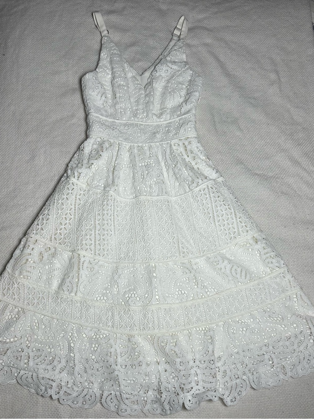 Adelyn Rae White Lace Midi Dress with Spaghetti Straps